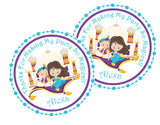 Personalized flying carpet party favor label for kids