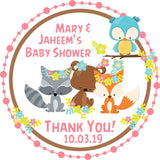 Personalized forest baby shower favor stickers.