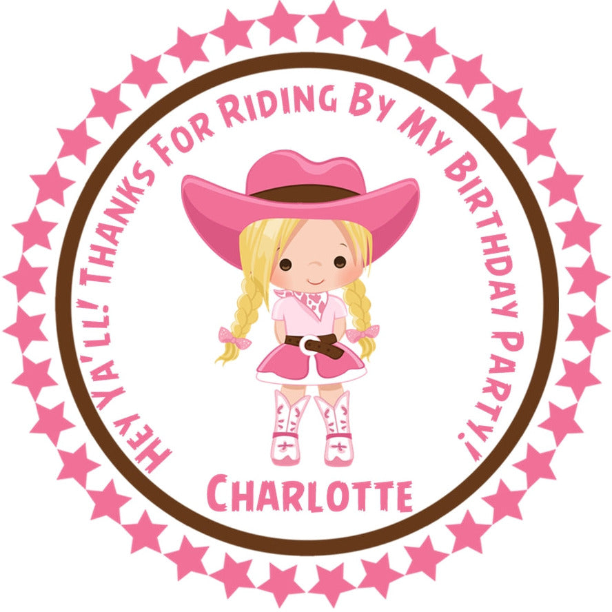 Personalized girls pink rodeo party favor sticker