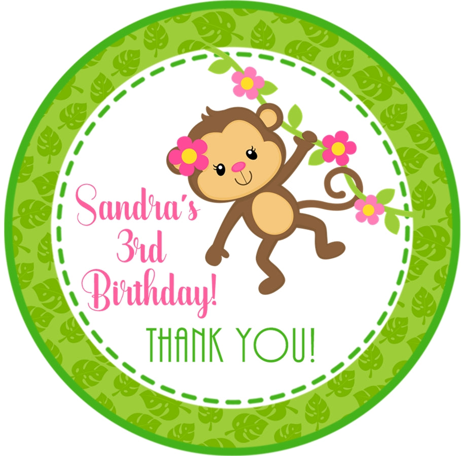 Personalized girls pink vine monkey party favor sticker