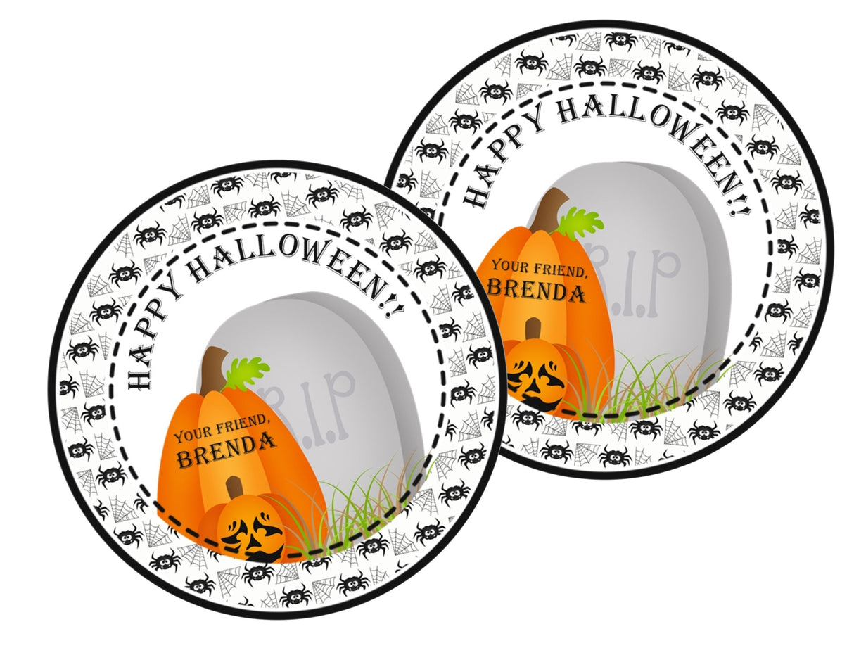 Personalized graveyard Halloween favor label with spooky tomb illustration