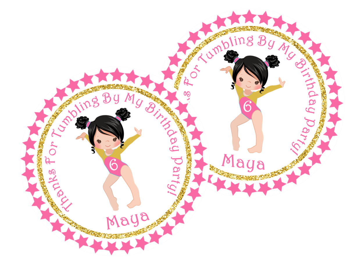 Personalized gymnast party favor label with name and age
