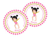 Personalized gymnast party favor label with name and age