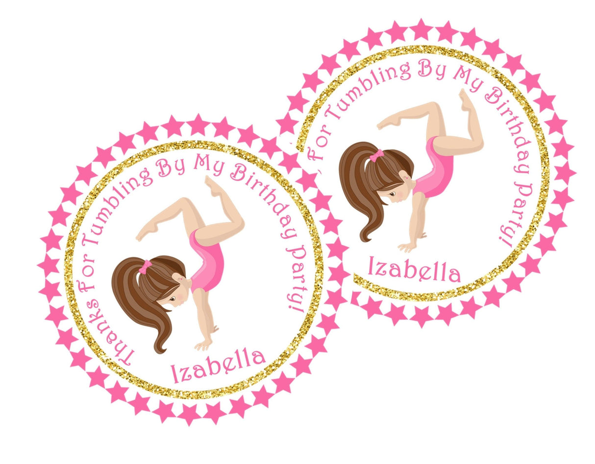 Personalized gymnast party favor label with pink stars and gold border