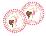 Personalized gymnast party favor label with pink stars and gold border