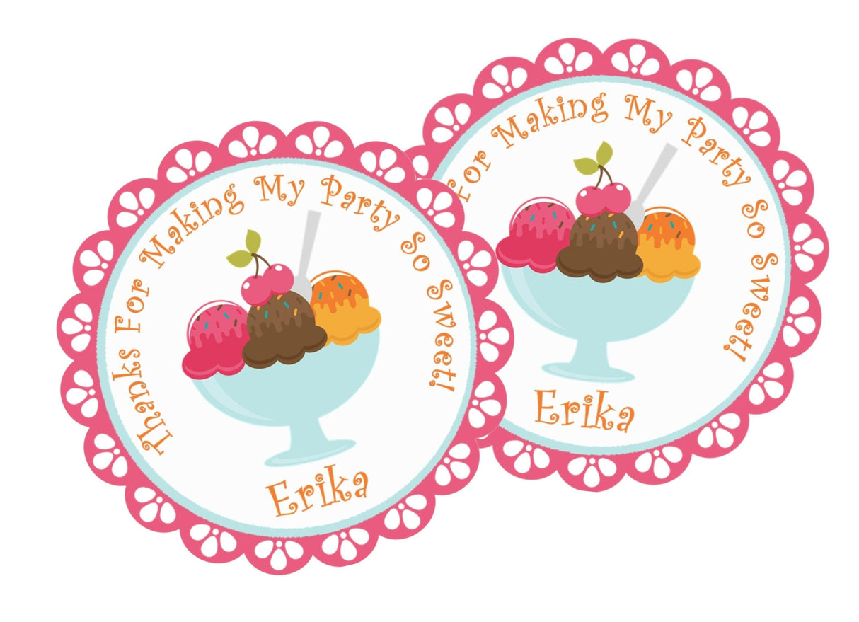 Personalized ice cream party favor label with pastel sundae