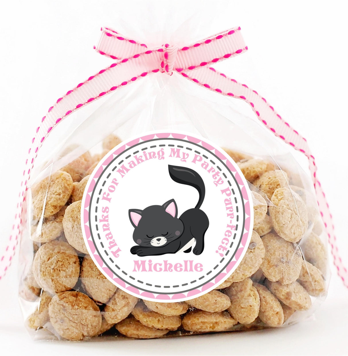 Personalized kitty birthday sticker in pink and black