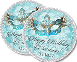 Personalized masquerade mask party label with frosted turquoise background