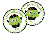 Personalized monster cupcake Halloween favor label with black wrapper design