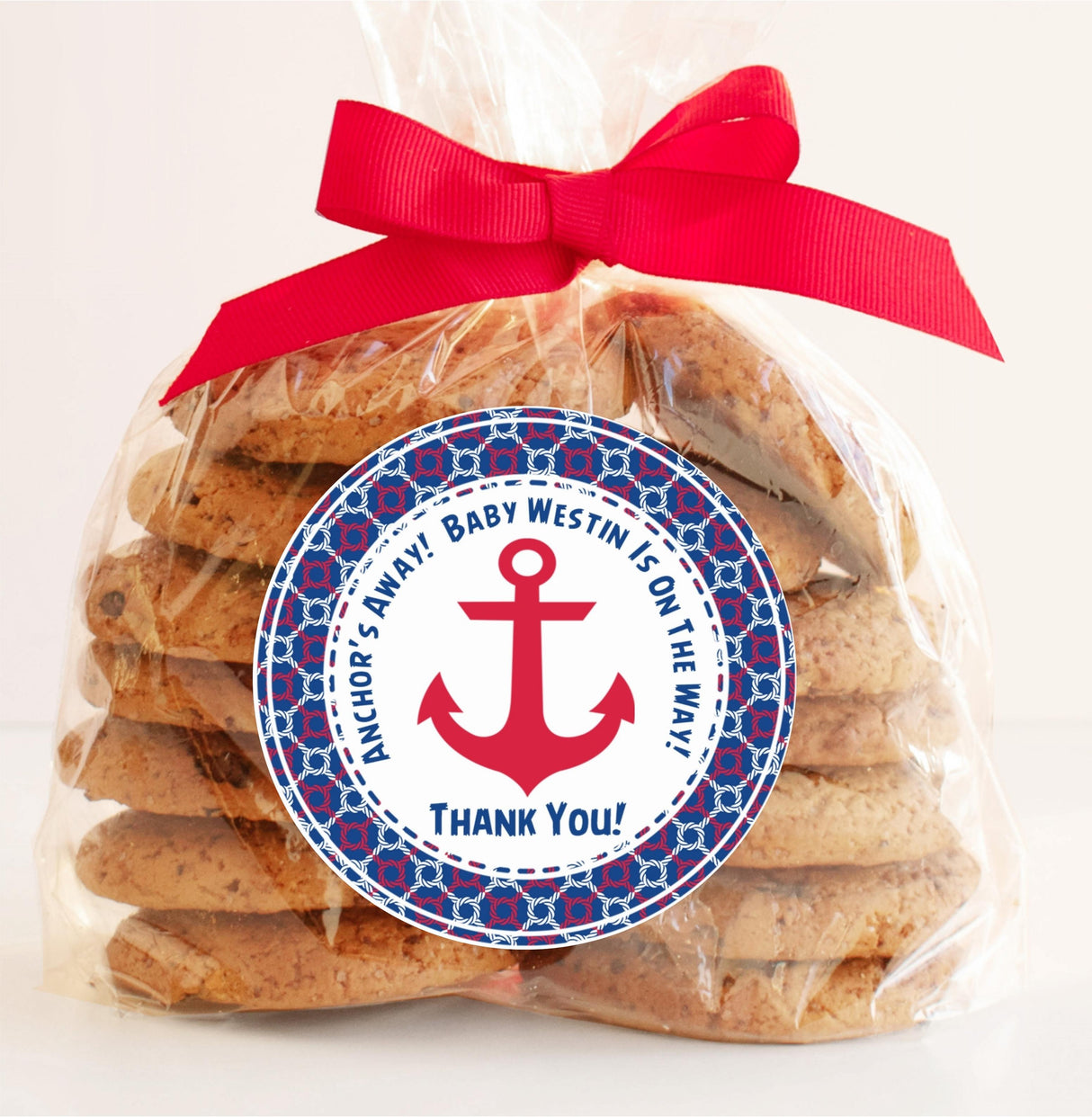 Personalized nautical baby shower sticker in red and navy