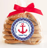 Personalized nautical baby shower sticker in red and navy