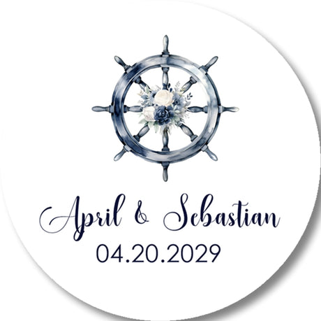 Personalized nautical wedding sticker featuring a ship wheel with blue floral accents and custom names