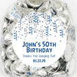Personalized navy and silver confetti party label