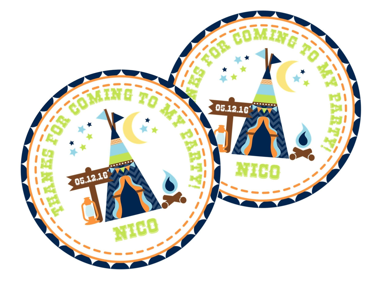Personalized outdoor adventure party label with lantern
