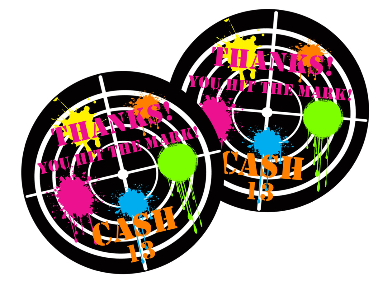 Personalized paintball party sticker with layered splatter background