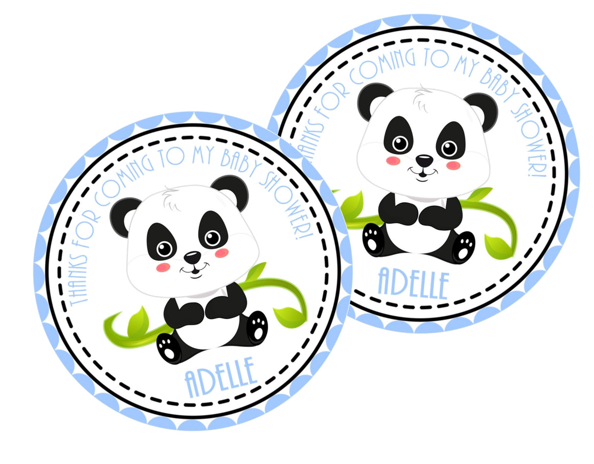 Personalized panda baby shower favor sticker with blue border