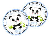 Personalized panda baby shower favor sticker with blue border