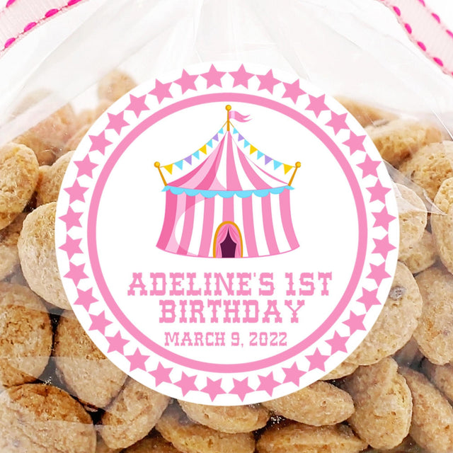Personalized pink big top party sticker