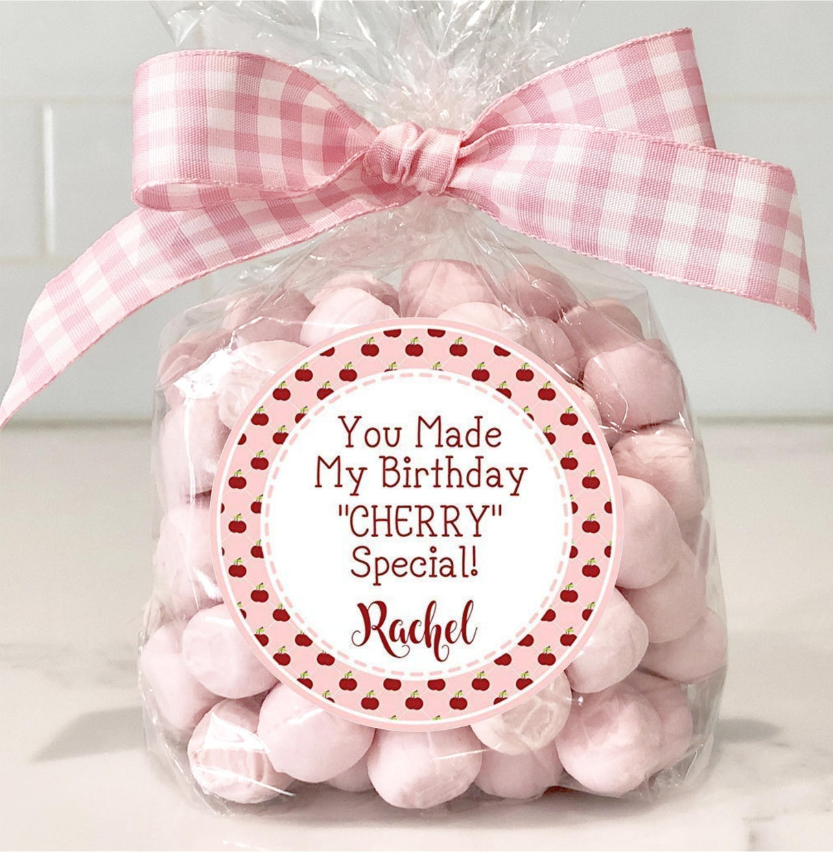 Personalized pink cherry treat sticker for birthdays