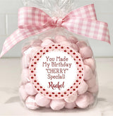 Personalized pink cherry treat sticker for birthdays