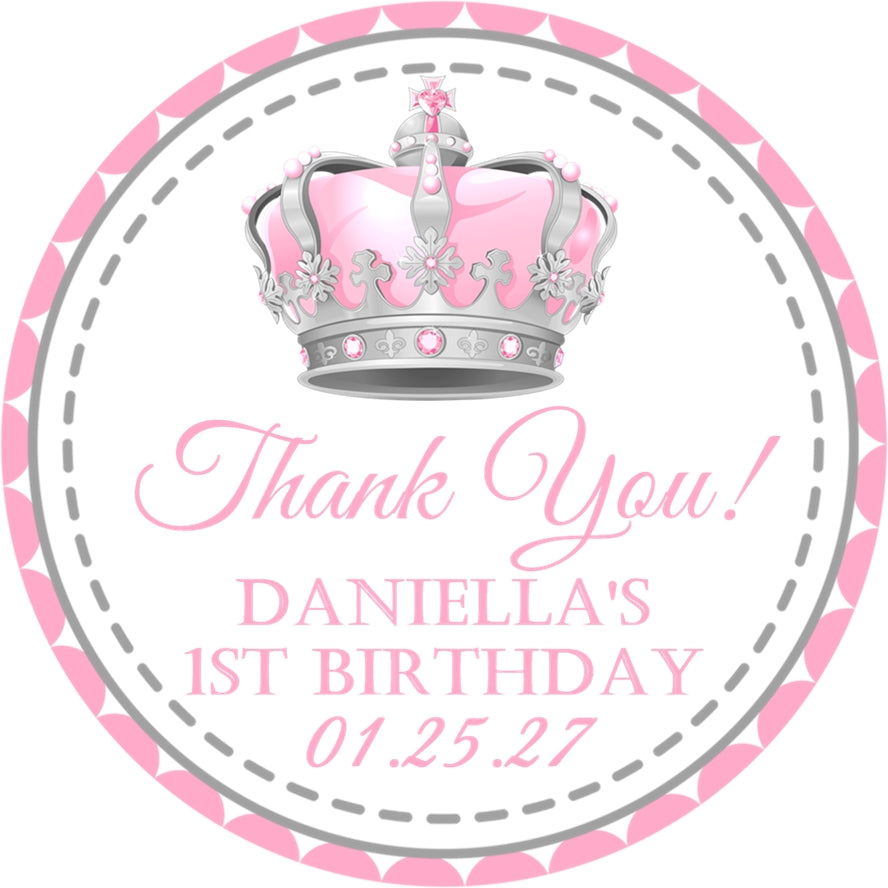 Personalized pink crown party favor label