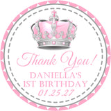 Personalized pink crown party favor label