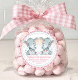 Personalized pink elephant twin baby shower labels