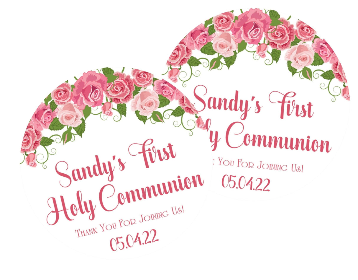 Personalized pink floral communion favor label