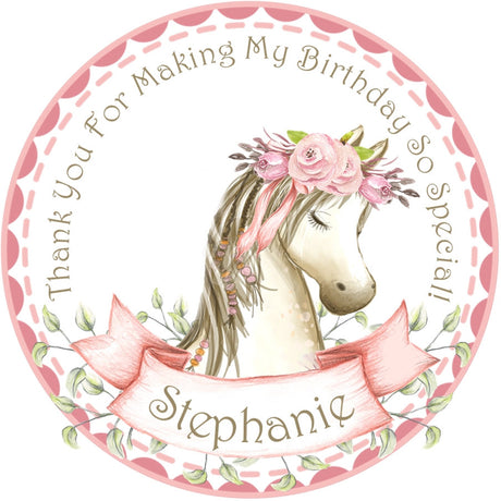 Personalized pink horse party favor sticker