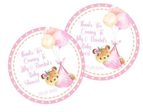 Personalized pink teddy bear baby shower sticker