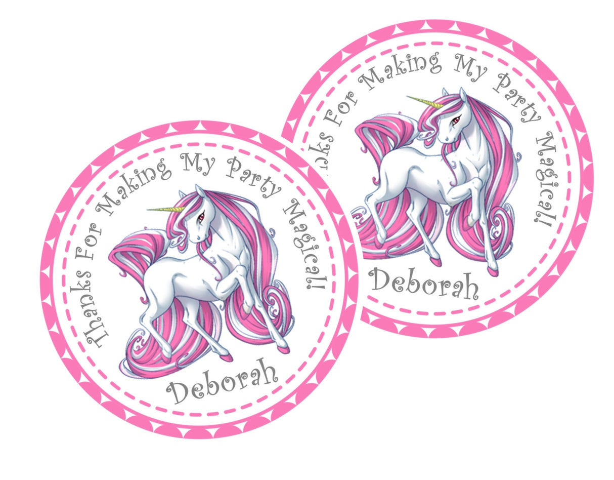 Personalized pink unicorn party favor label