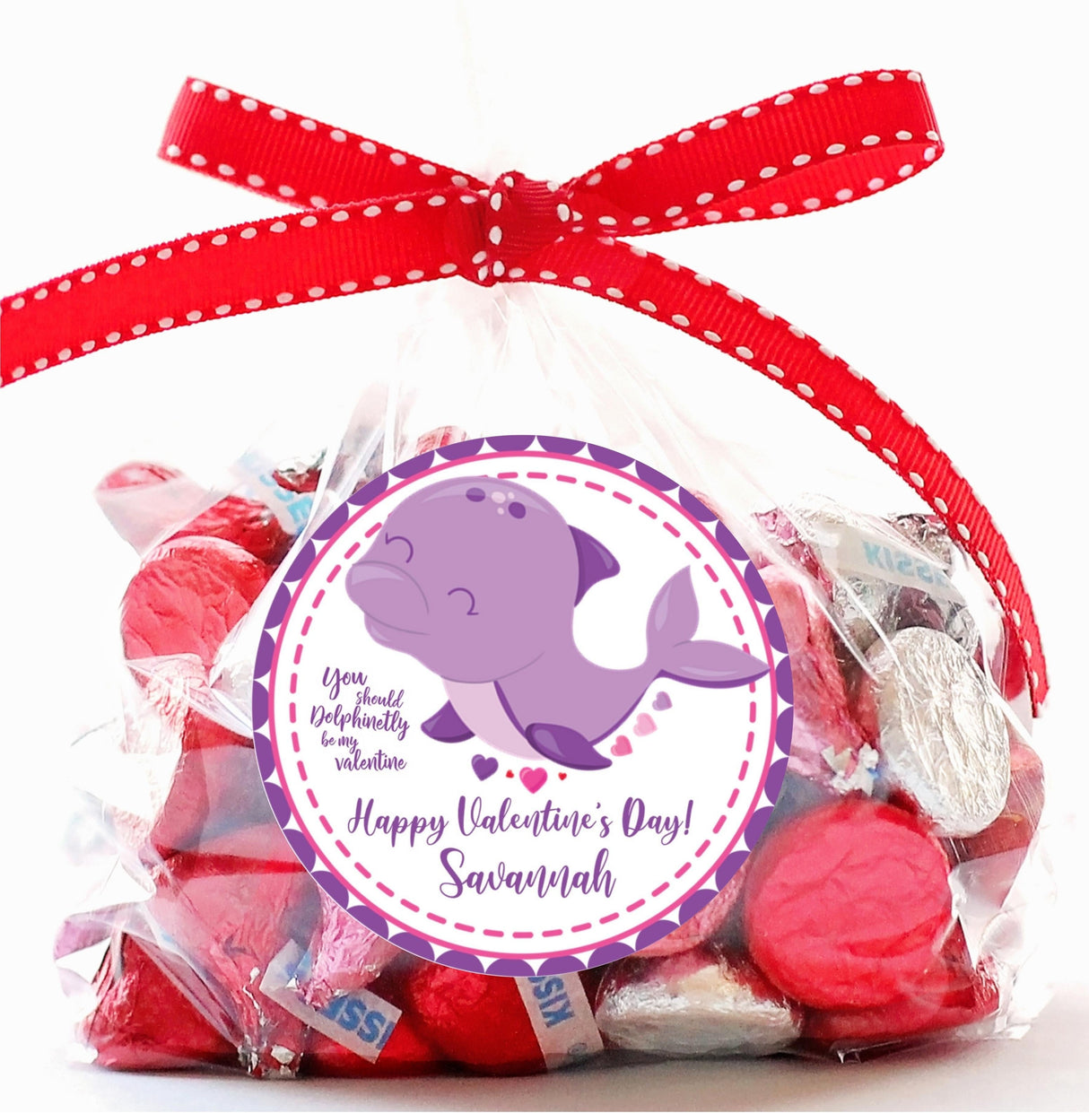 Personalized purple dolphin Valentine sticker for kids