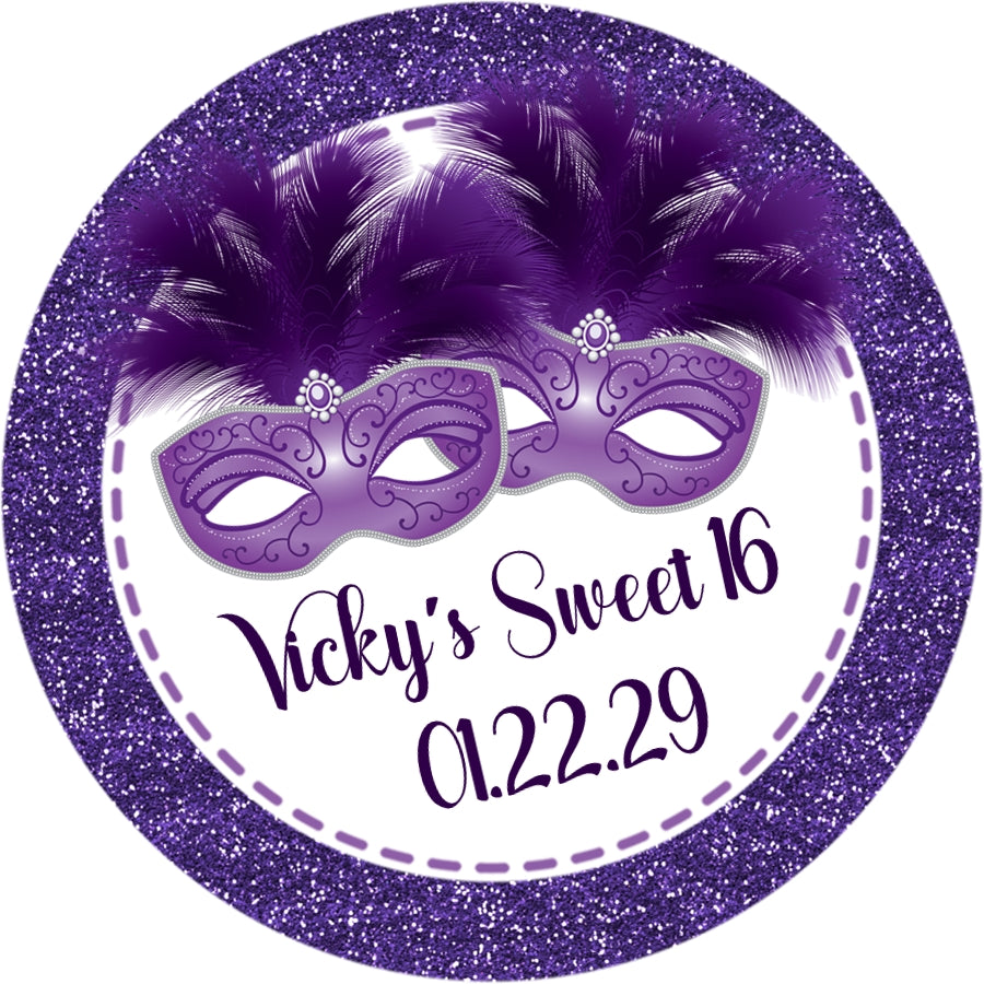 Personalized purple masquerade mask party favor label