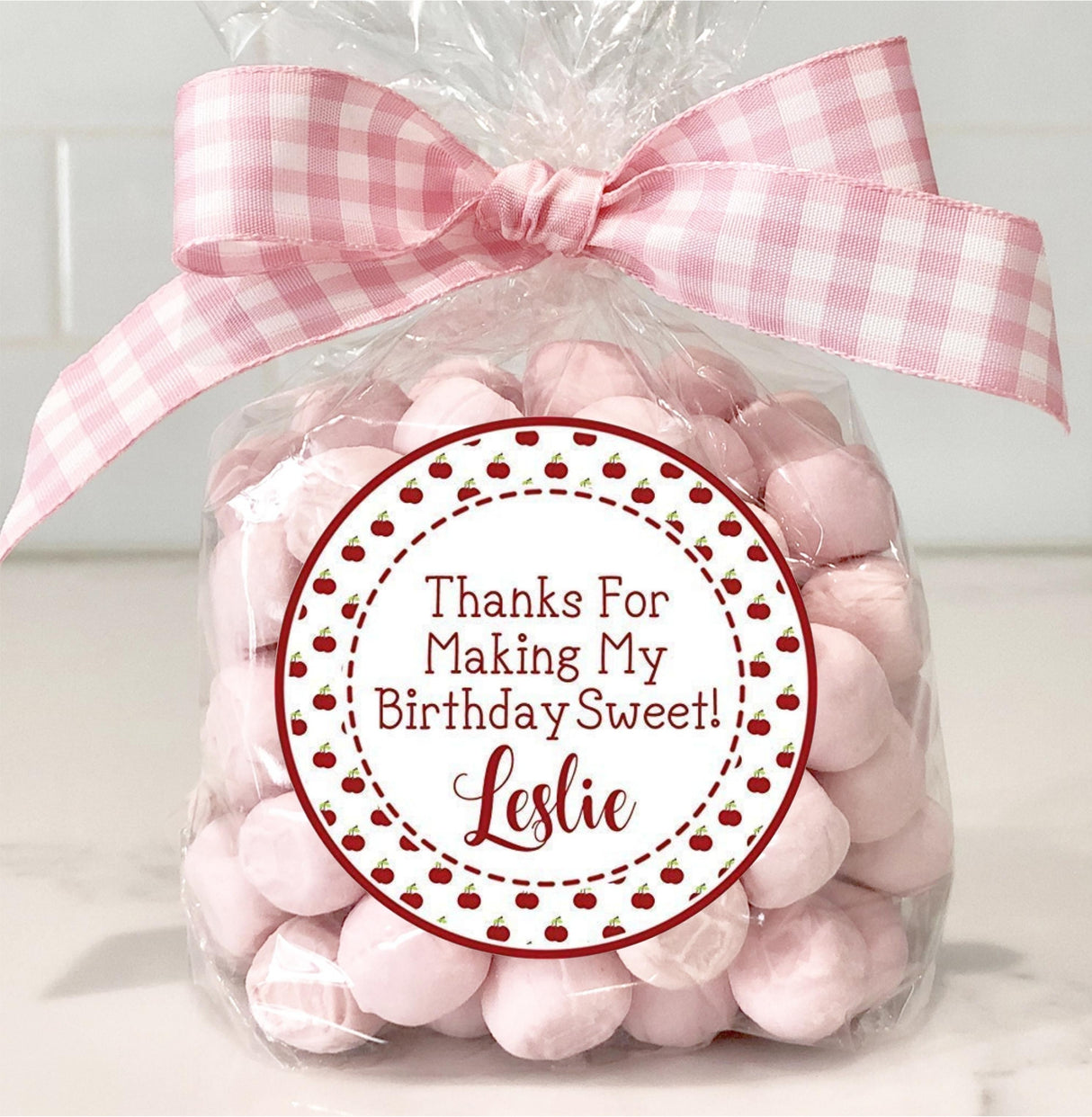Personalized red cherry party sticker for treat bags