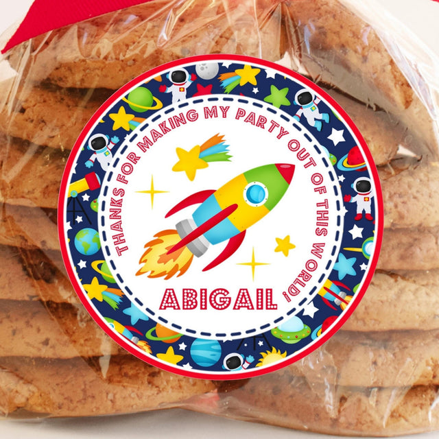 Personalized rocket ship outer space birthday sticker