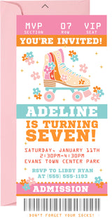 Personalized roller skate ticket invitation featuring a colorful roller skate and floral accents