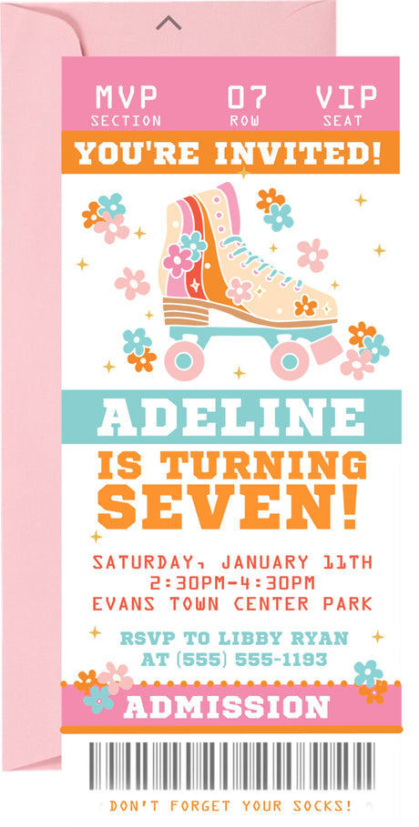 Personalized roller skate ticket invitation featuring a colorful roller skate and floral accents