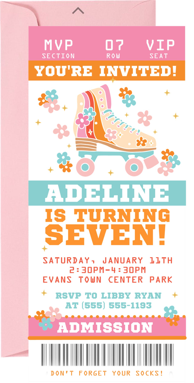 Personalized roller skate ticket invitation featuring a colorful roller skate and floral accents