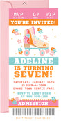 Personalized roller skate ticket invitation featuring a colorful roller skate and floral accents