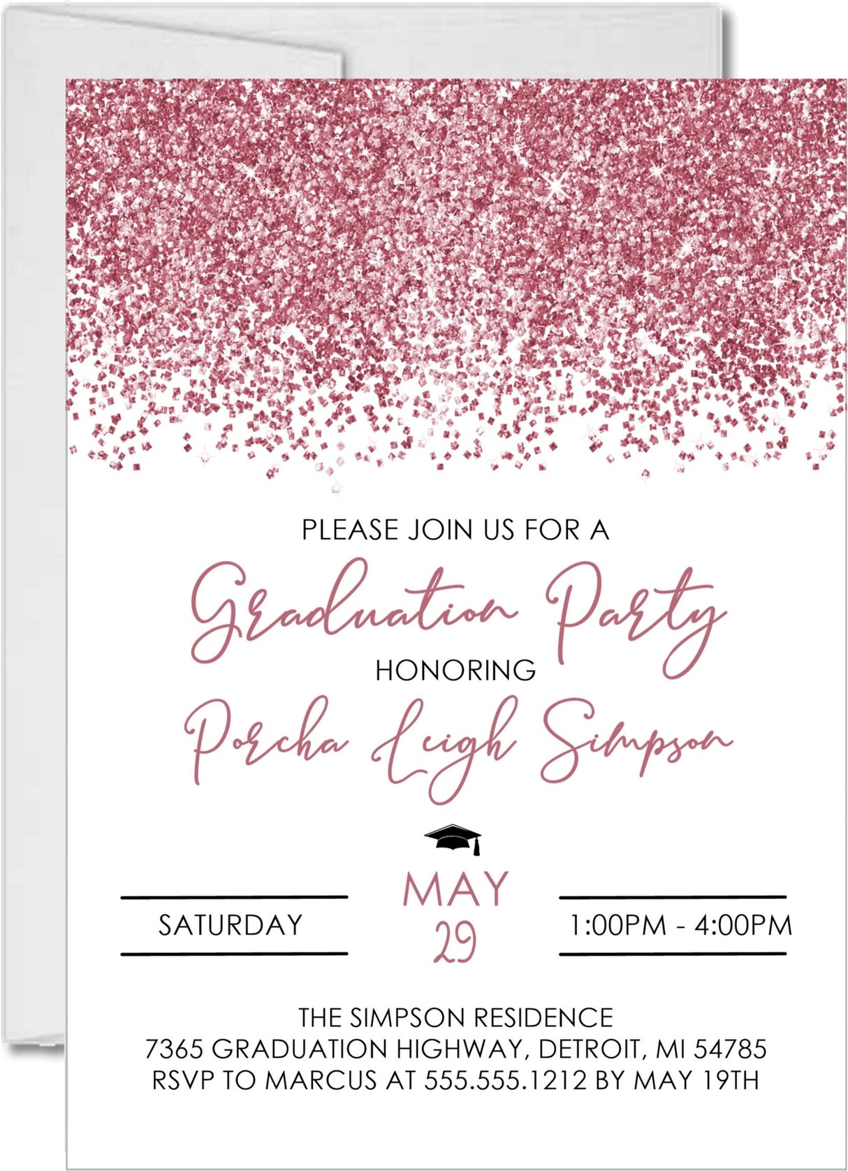 Personalized rose gold graduation invitation with confetti design