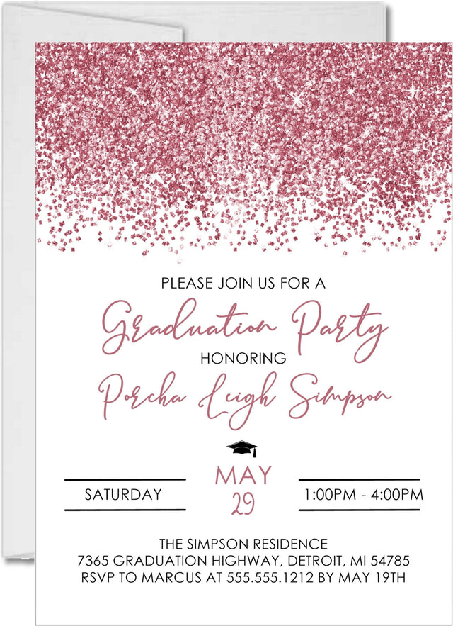Personalized rose gold graduation invitation with confetti design
