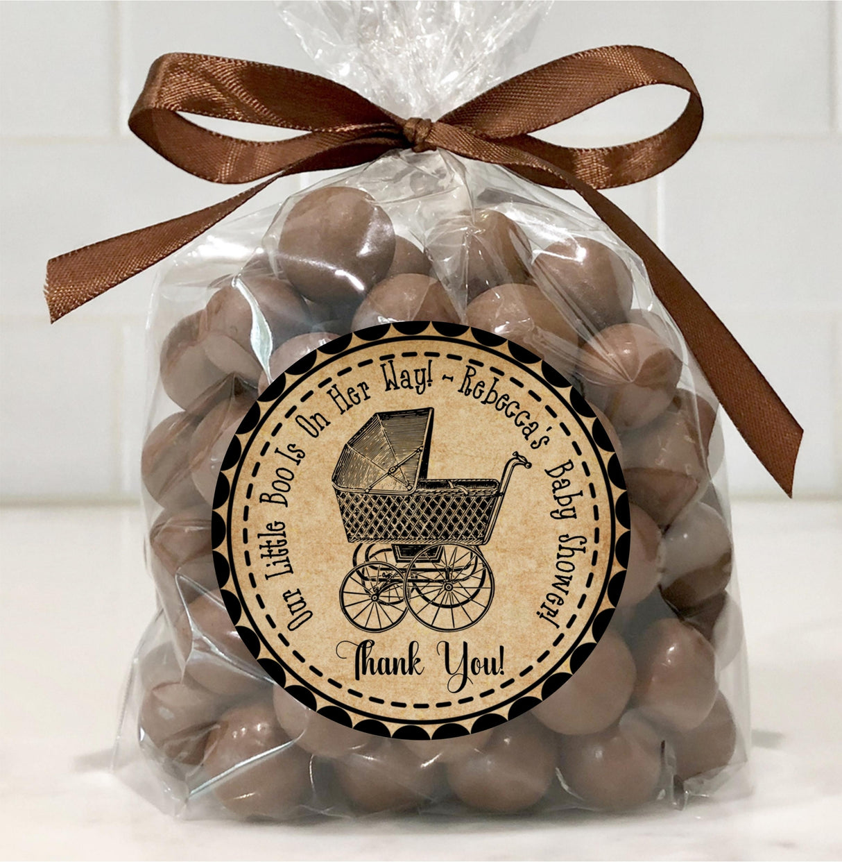 Personalized rustic Halloween baby shower sticker with parchment background