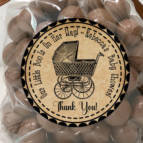 Personalized rustic Halloween baby shower sticker with parchment background