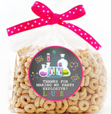 Personalized science birthday label with colorful beakers