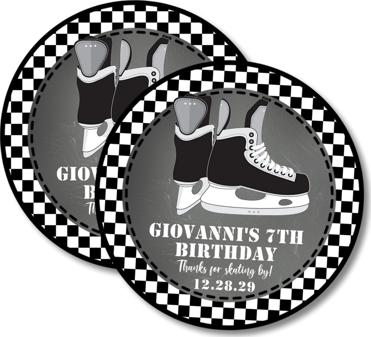 Personalized skating and hockey party favor sticker with black ice skates