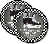 Personalized skating and hockey party favor sticker with black ice skates