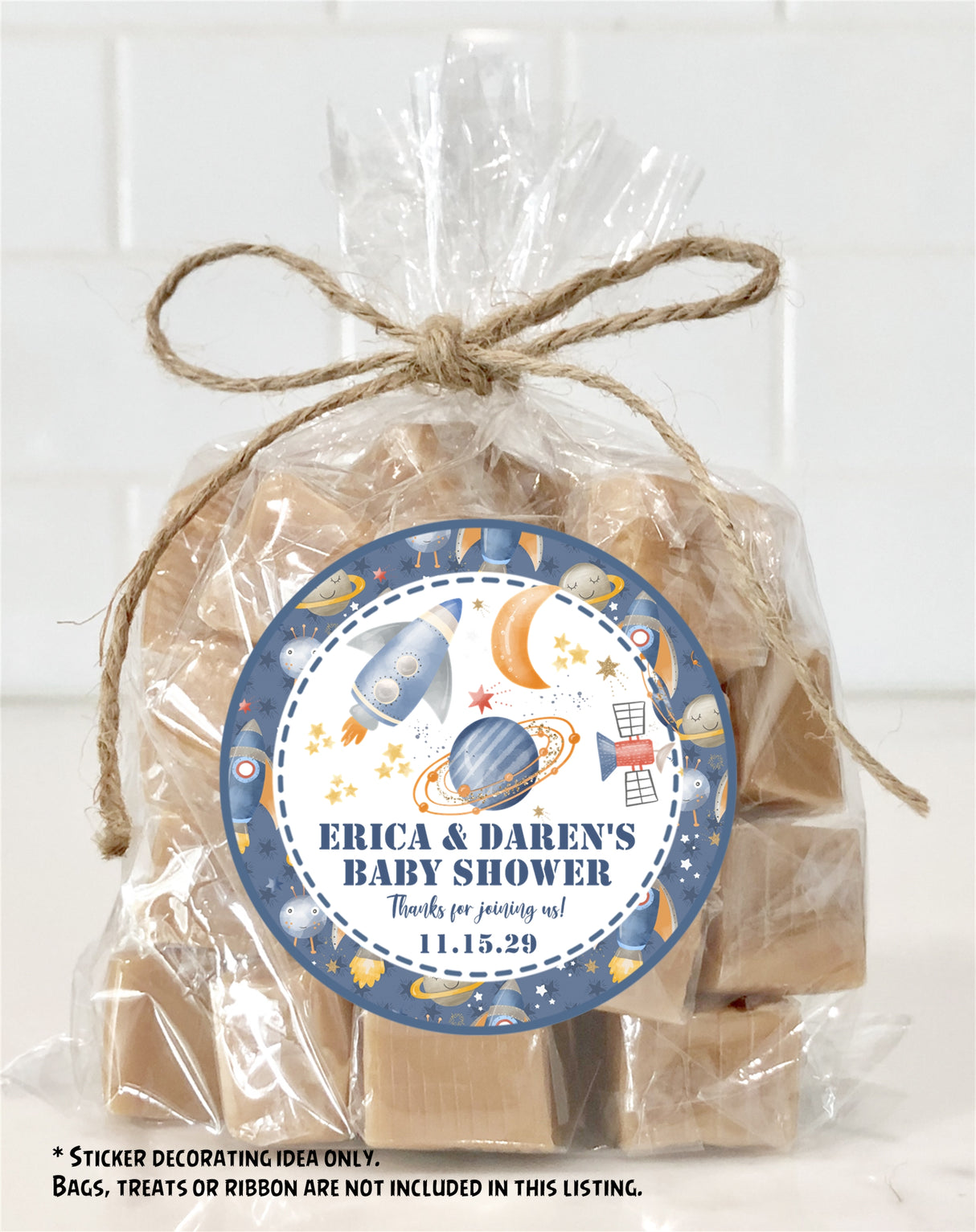 Personalized space baby shower sticker with stars and planets