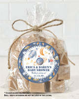 Personalized space baby shower sticker with stars and planets