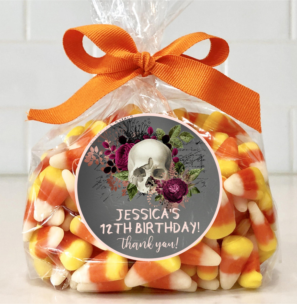 Personalized spooky floral skull party favor label