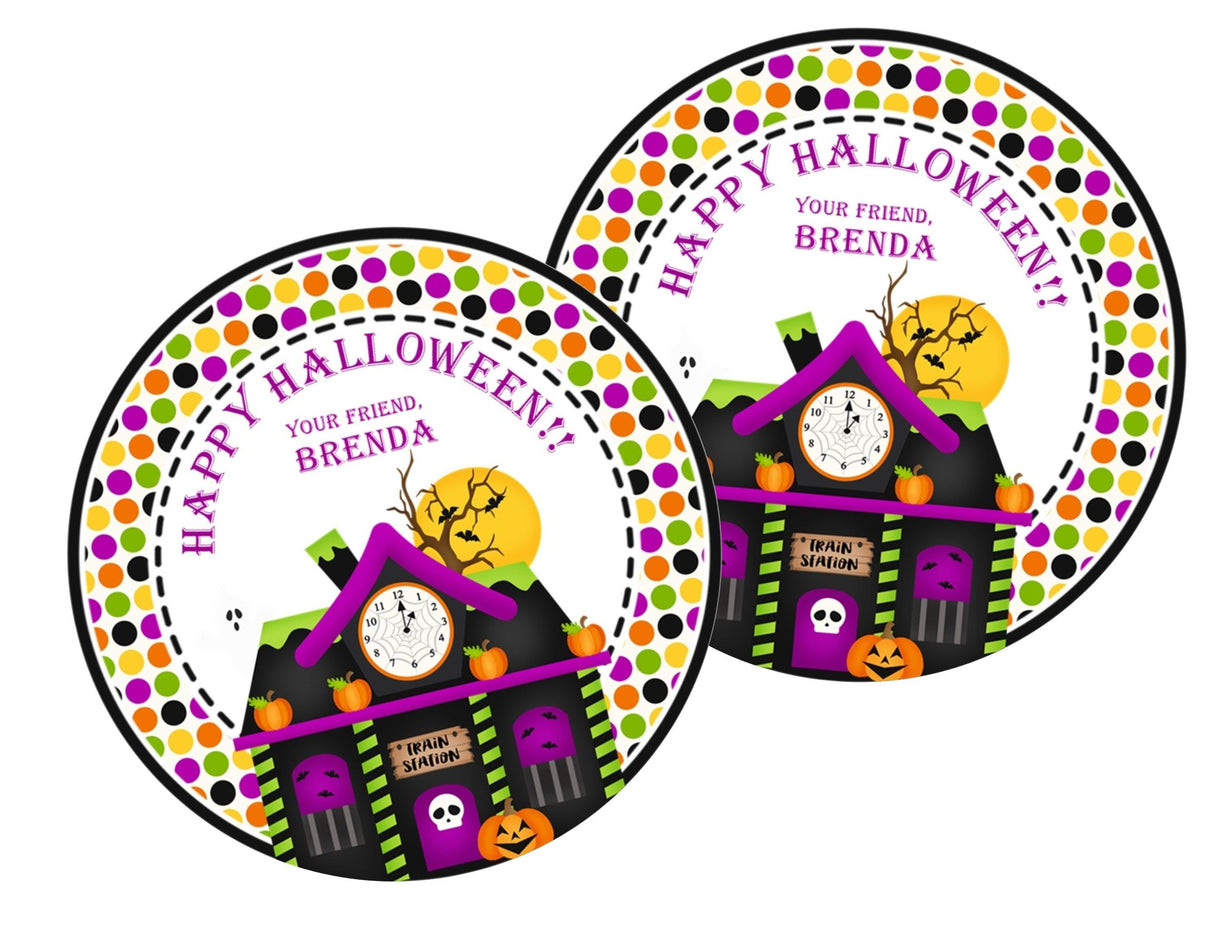 Personalized spooky house Halloween favor label with train station theme